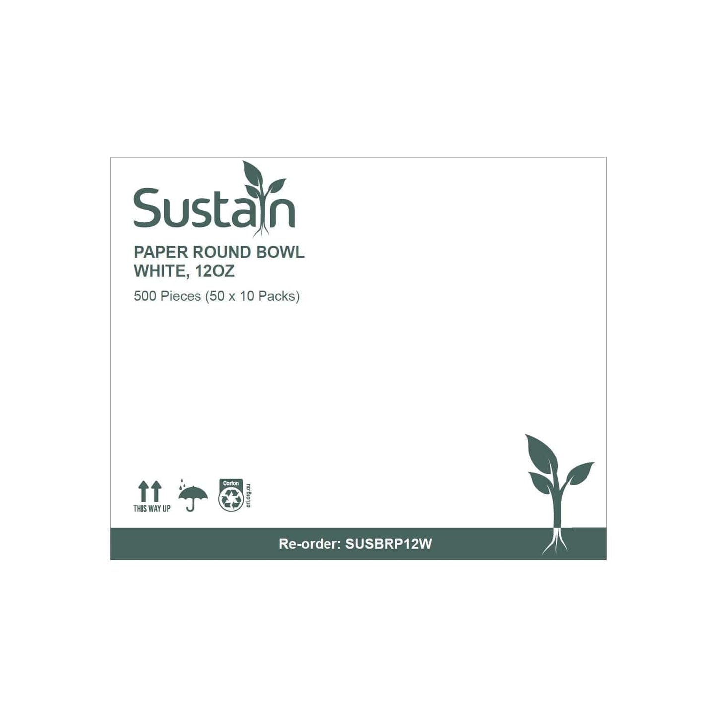 Sustain Disposable Food Packaging Carton of 500 Sustain Paper Round Bowl/Container White 12oz 115mm