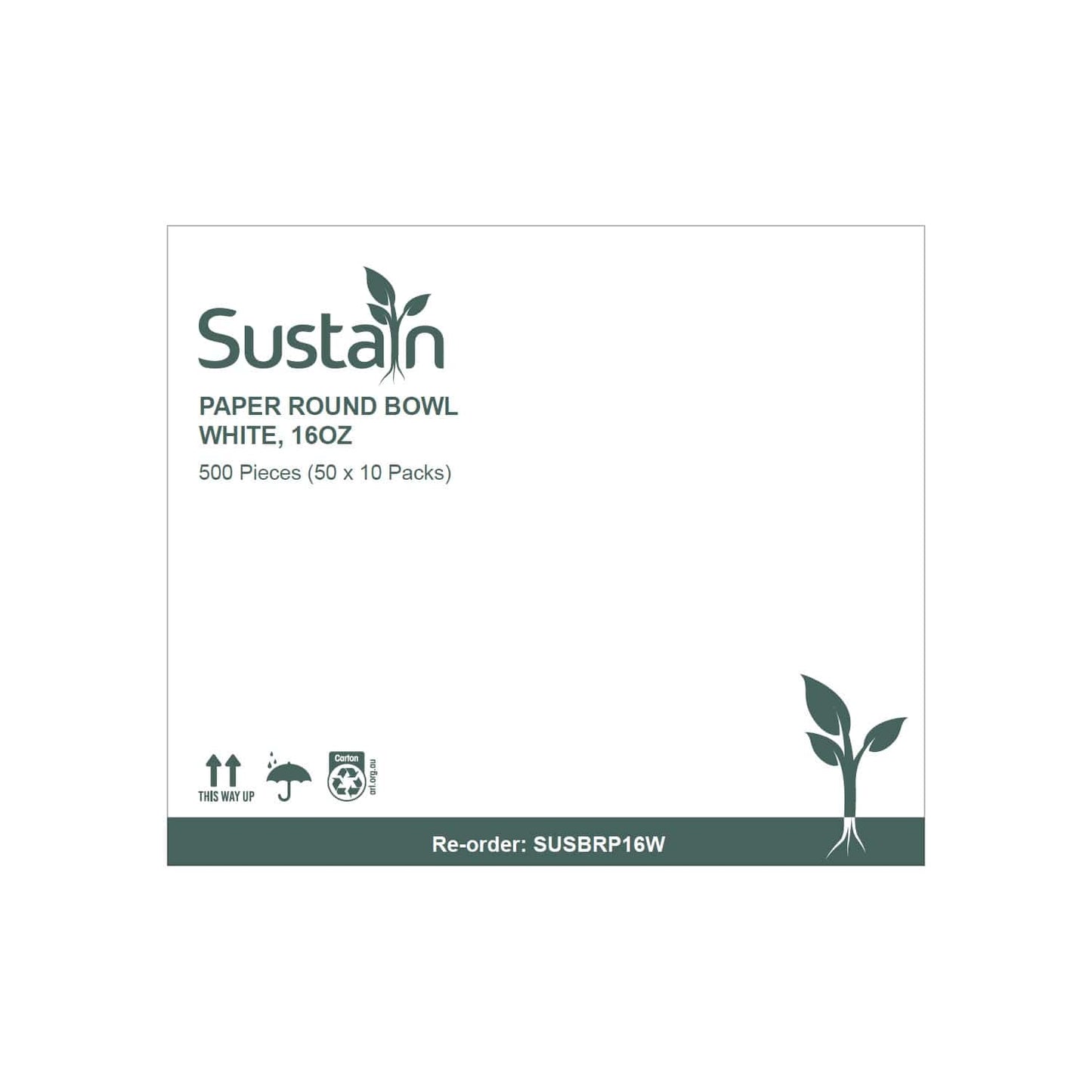 Sustain Disposable Food Packaging Carton of 500 Sustain Paper Round Bowl/Container White 16oz 115mm White