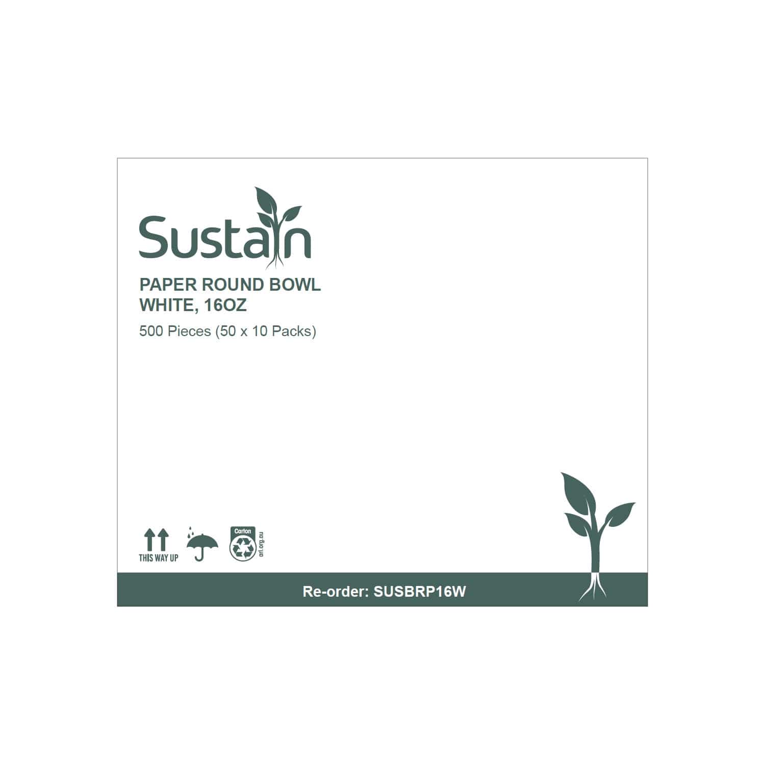 Sustain Disposable Food Packaging Carton of 500 Sustain Paper Round Bowl/Container White 16oz 115mm White