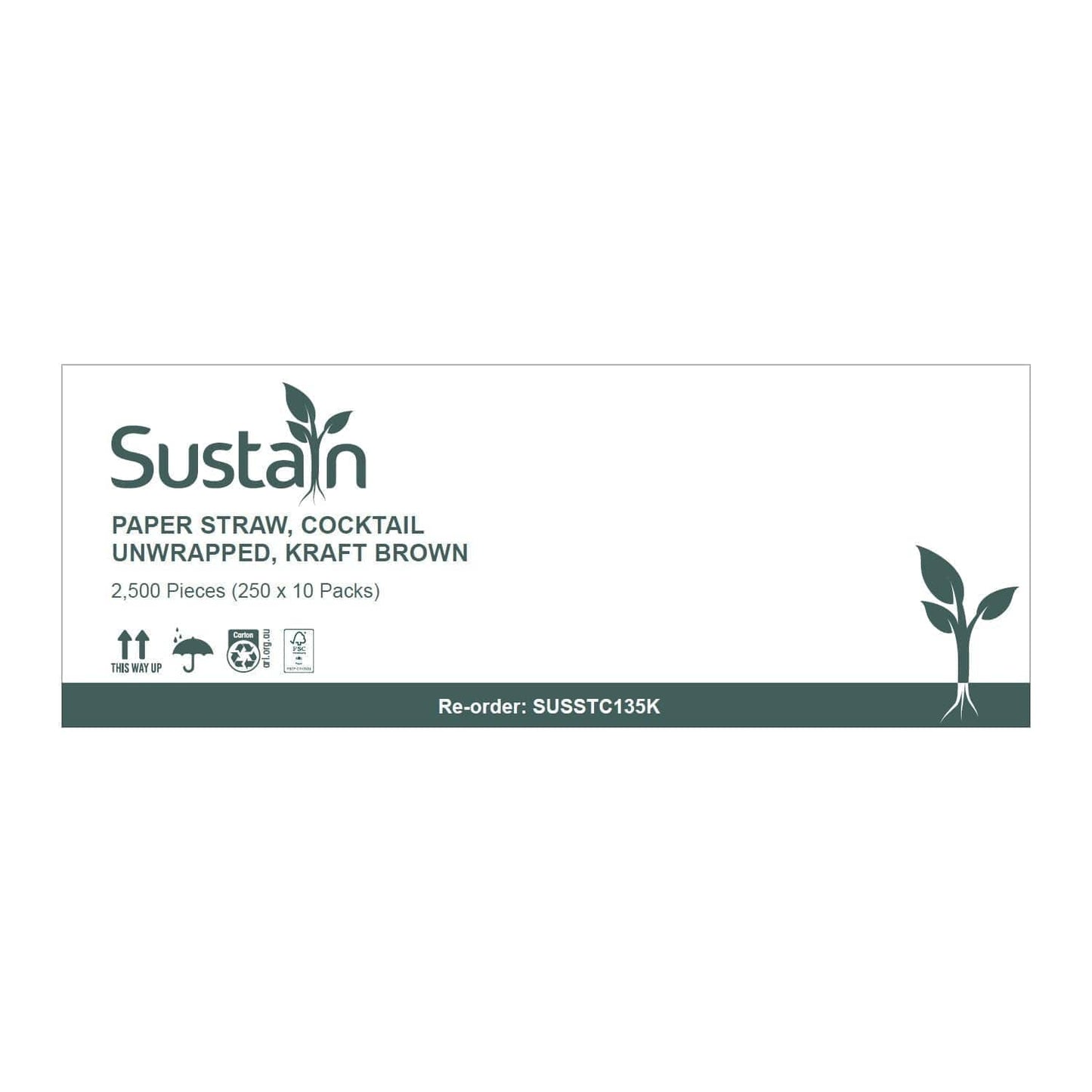 Sustain Disposable Food Packaging Carton of 2500 Sustain Paper Straw Cocktail Kraft Brown 135mm