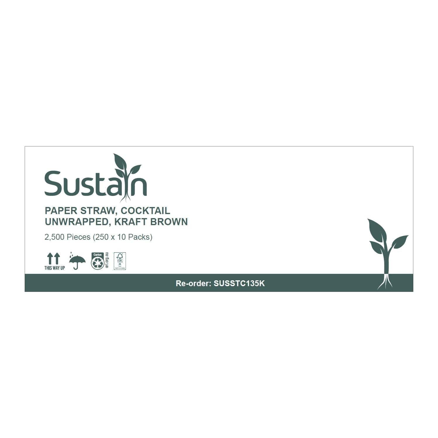Sustain Disposable Food Packaging Carton of 2500 Sustain Paper Straw Cocktail Kraft Brown 135mm