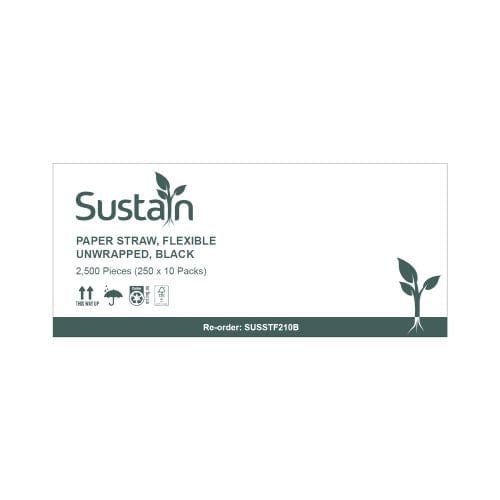 Sustain Disposable Food Packaging Carton of 2500 Sustain Paper Straw Flexible 210mm Black