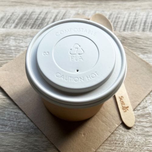 Sustain Disposable Food Packaging Carton of 1000 Sustain PLA Lid To Suit Round Paper Bowl 8oz 90mm