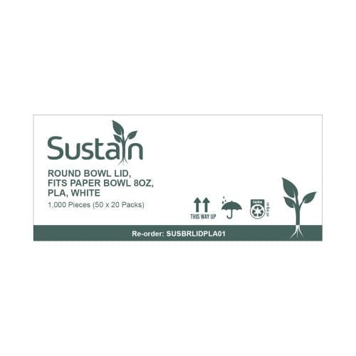 Sustain Disposable Food Packaging Carton of 1000 Sustain PLA Lid To Suit Round Paper Bowl 8oz 90mm