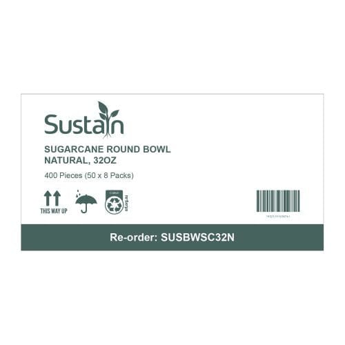 Sustain Disposable Food Packaging Carton of 400 Sustain Sugarcane Bowl Round Natural 32oz Salad/Noodle