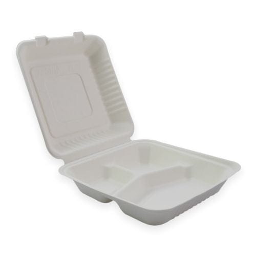 Sustain Disposable Food Packaging Carton of 200 Sustain Sugarcane Clamshell 3 Compartment White 9 x9 inch