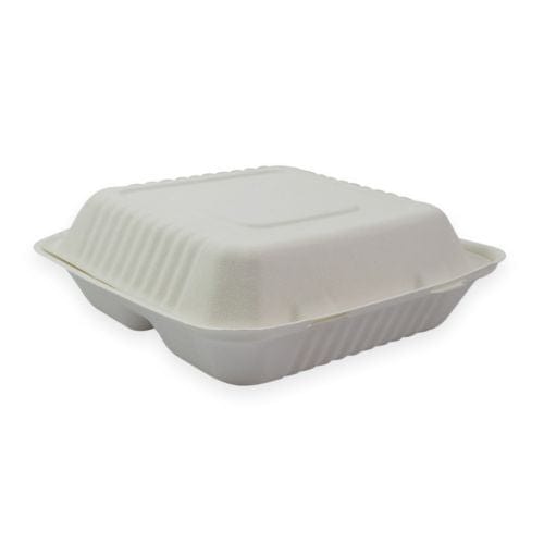 Sustain Disposable Food Packaging Carton of 200 Sustain Sugarcane Clamshell 3 Compartment White 9 x9 inch