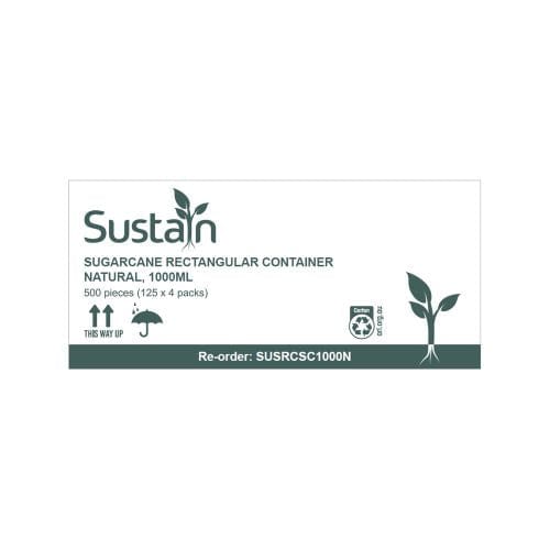 Sustain Disposable Food Packaging Carton of 500 Sustain Sugarcane Rectangular Container Natural 1000ml