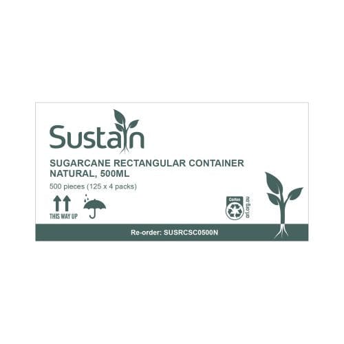 Sustain Disposable Food Packaging Carton of 500 Sustain Sugarcane Rectangular Container Natural 500ml