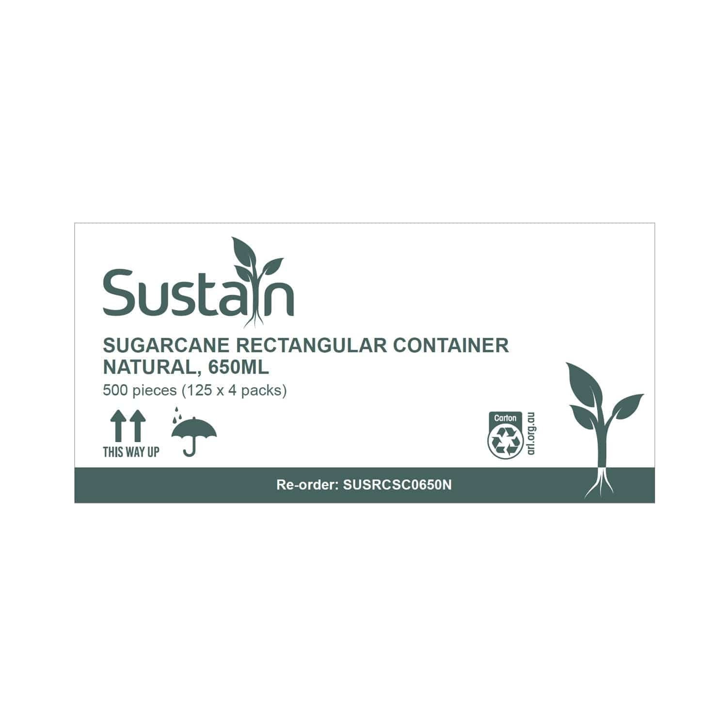 Sustain Disposable Food Packaging Carton of 500 Sustain Sugarcane Rectangular Container Natural 650ml