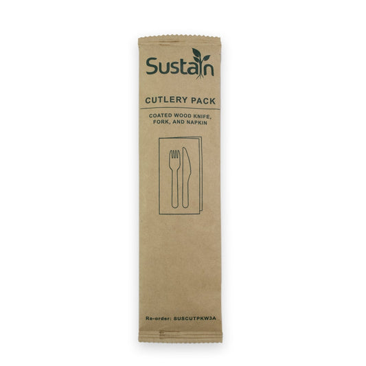 Sustain Bags & Takeaway Natural Sustain Wooden Cutlery Pack with Fork, Knife, Napkin