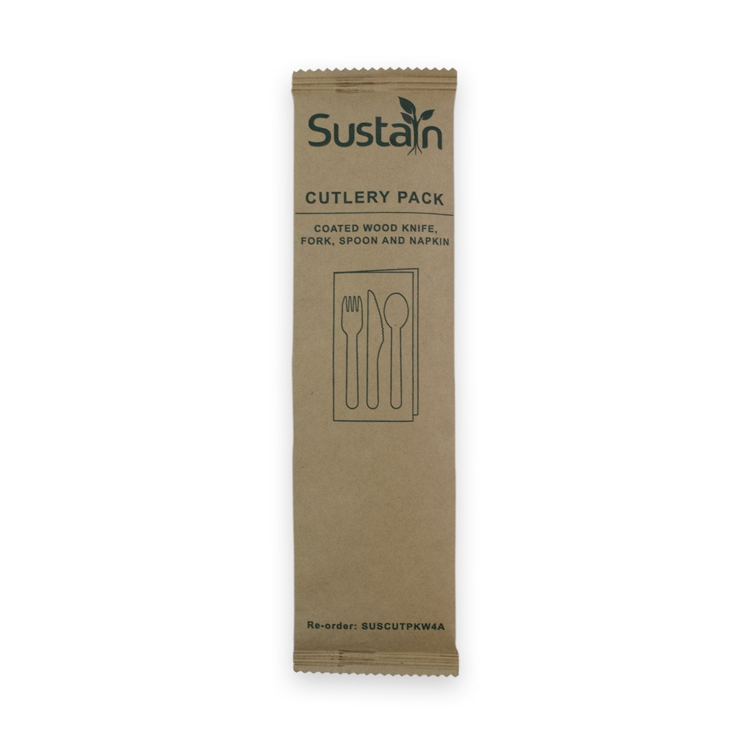 Sustain Bags & Takeaway Natural Sustain Wooden Cutlery Pack with Fork, Knife, Spoon, Napkin