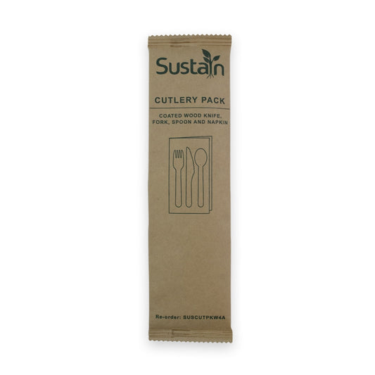 Sustain Bags & Takeaway Natural Sustain Wooden Cutlery Pack with Fork, Knife, Spoon, Napkin
