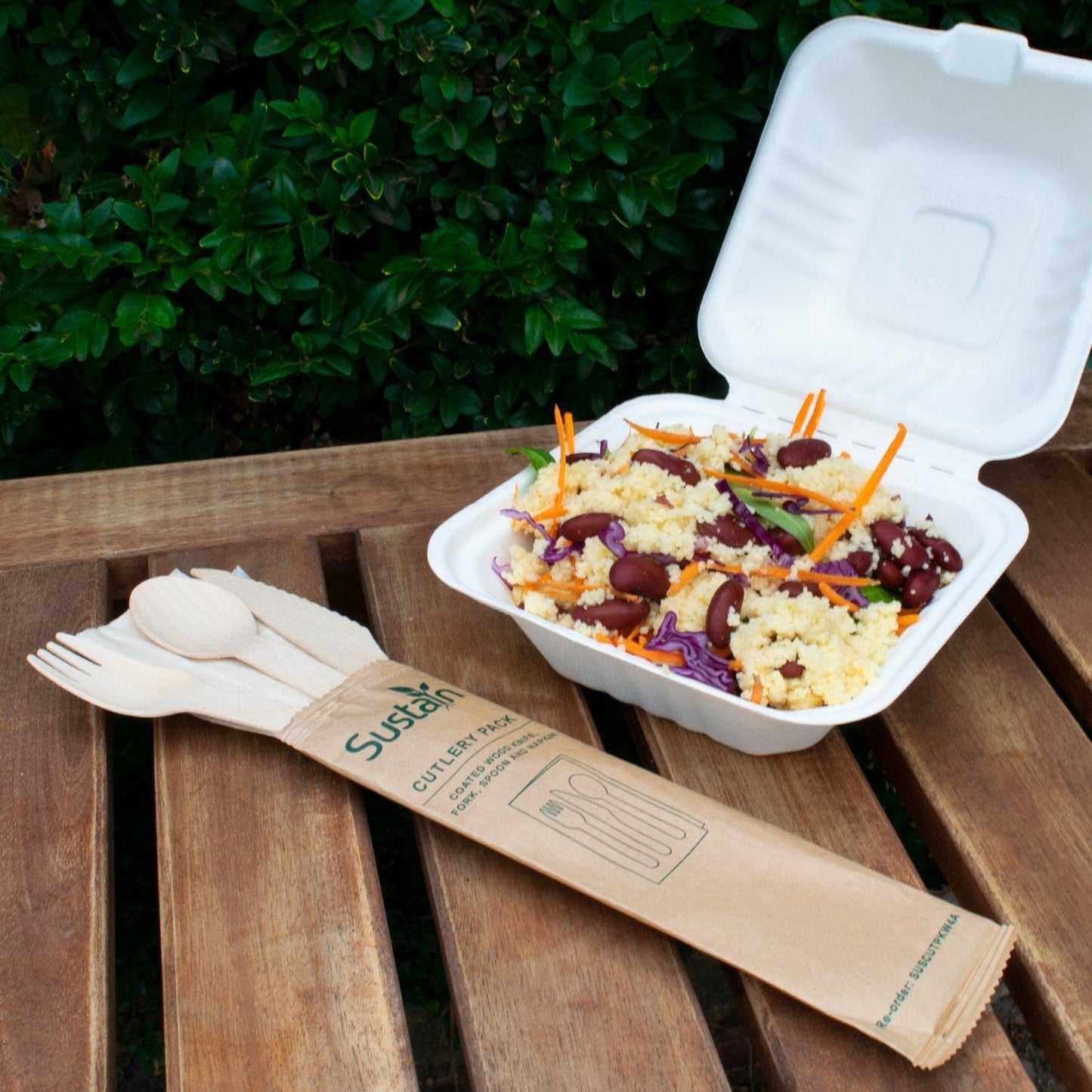 Sustain Bags & Takeaway Natural Sustain Wooden Cutlery Pack with Fork, Knife, Spoon, Napkin