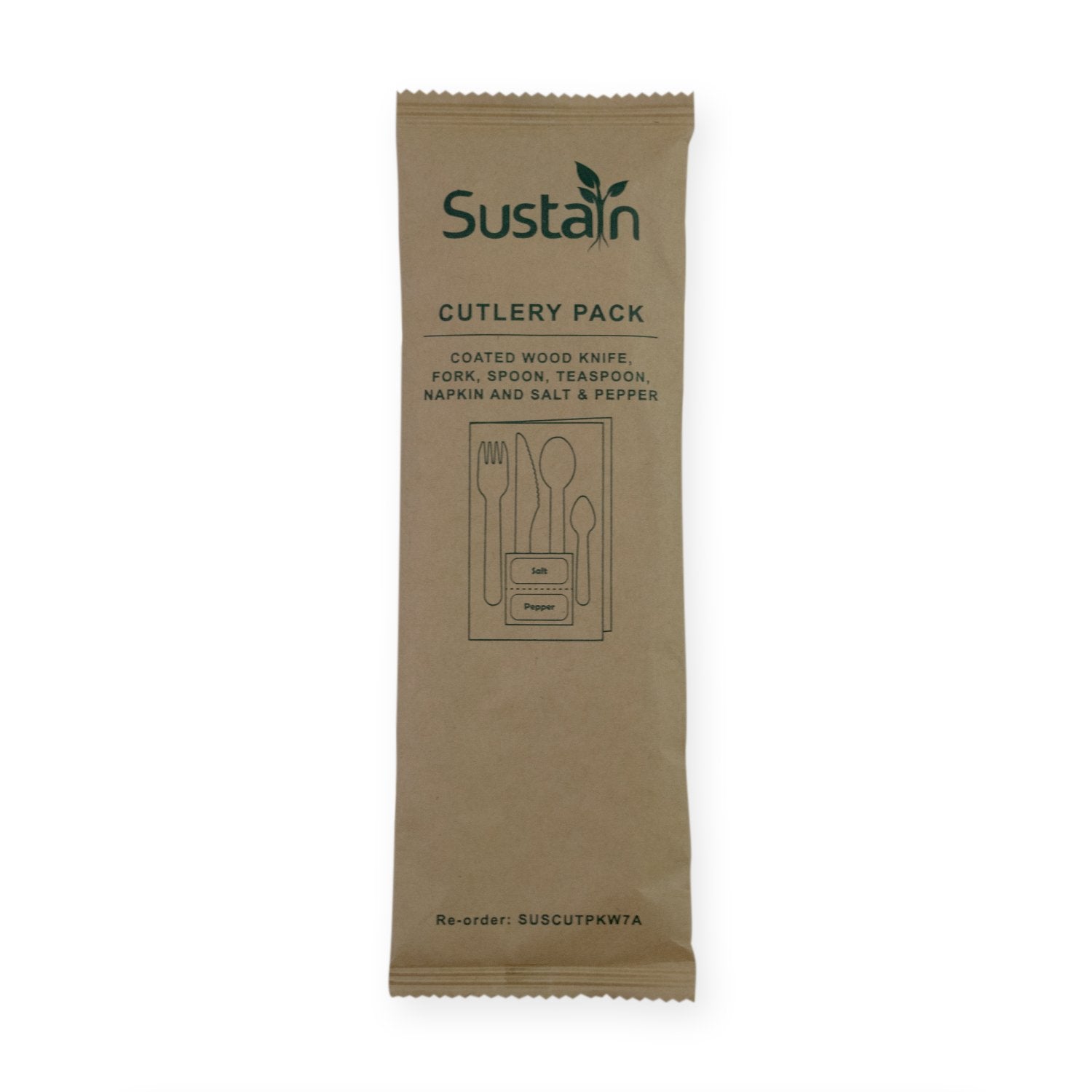 Sustain Bags & Takeaway Natural Sustain Woodern Cutlery Pack with Fork, Knife, Spoon, Teaspoon, Napkin, Salt, Pepper