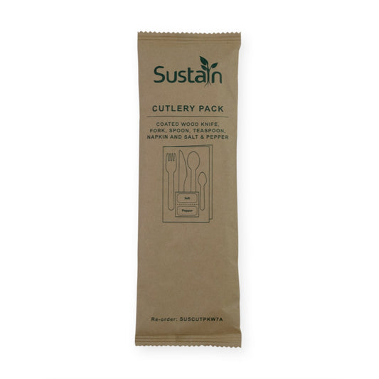 Sustain Bags & Takeaway Natural Sustain Woodern Cutlery Pack with Fork, Knife, Spoon, Teaspoon, Napkin, Salt, Pepper