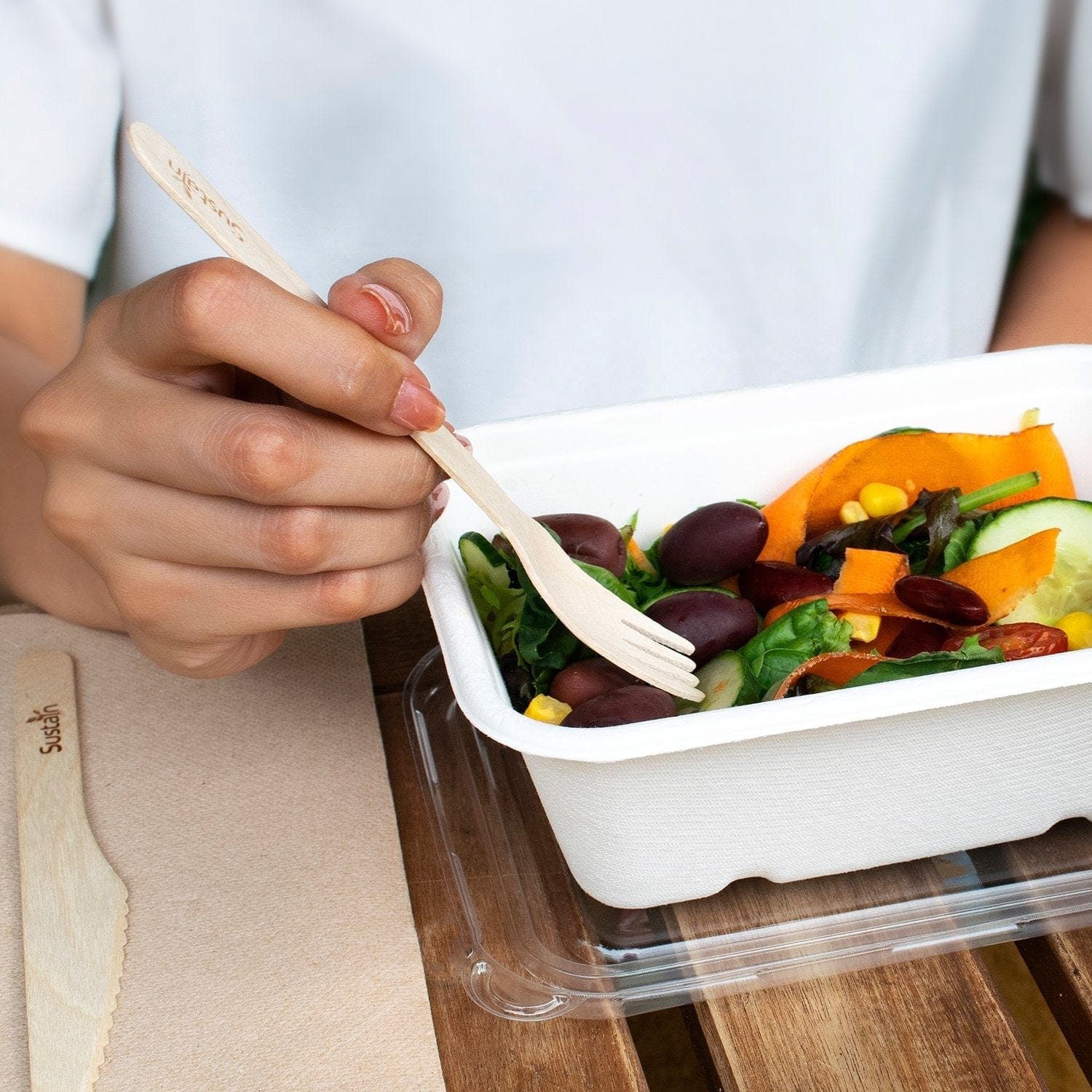 Sustain Bags & Takeaway Natural Sustain Woodern Cutlery Pack with Fork, Knife, Spoon, Teaspoon, Napkin, Salt, Pepper