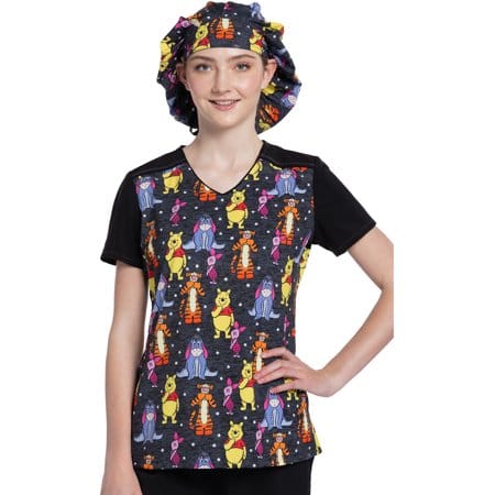 Tooniforms Disney V-Neck Scrub Top Women Hundred Acre Stars 1
