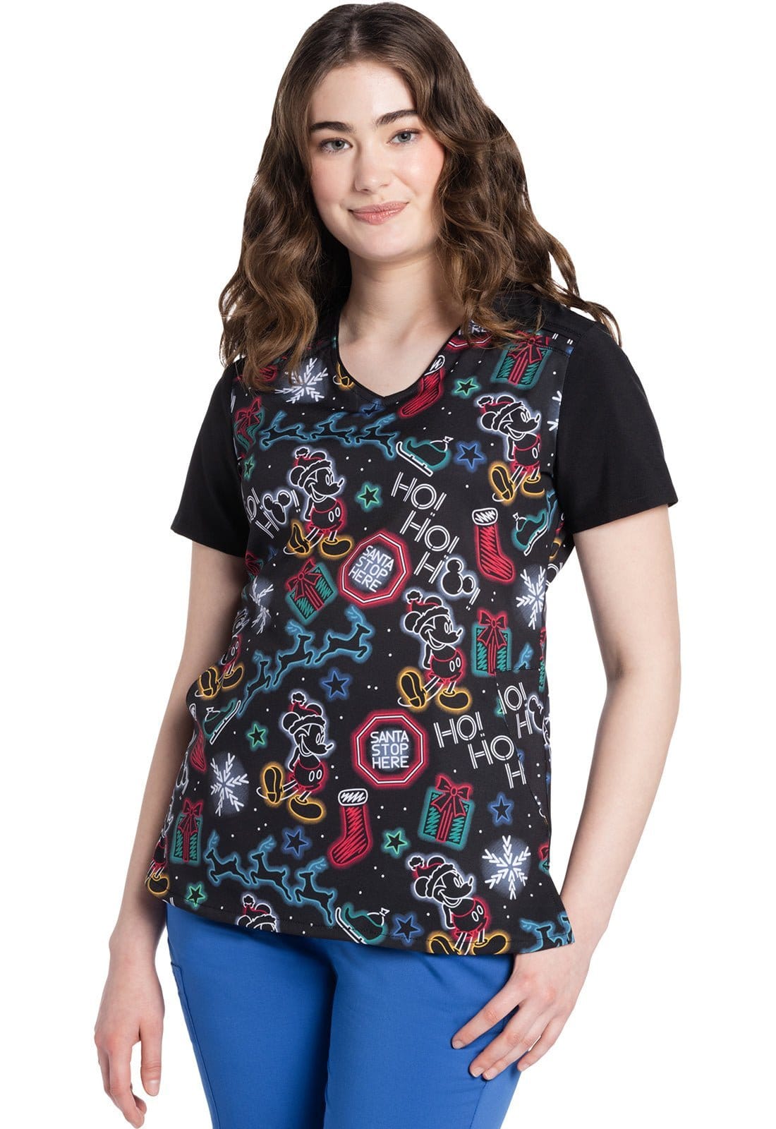 Tooniforms Disney V-Neck Scrub Top Women Christmas Glow 2