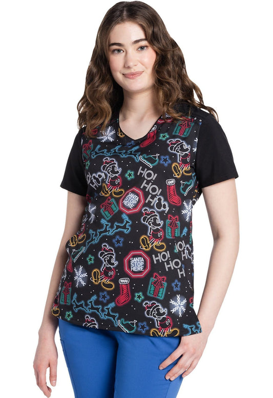 Tooniforms Disney V-Neck Scrub Top Women Christmas Glow 2