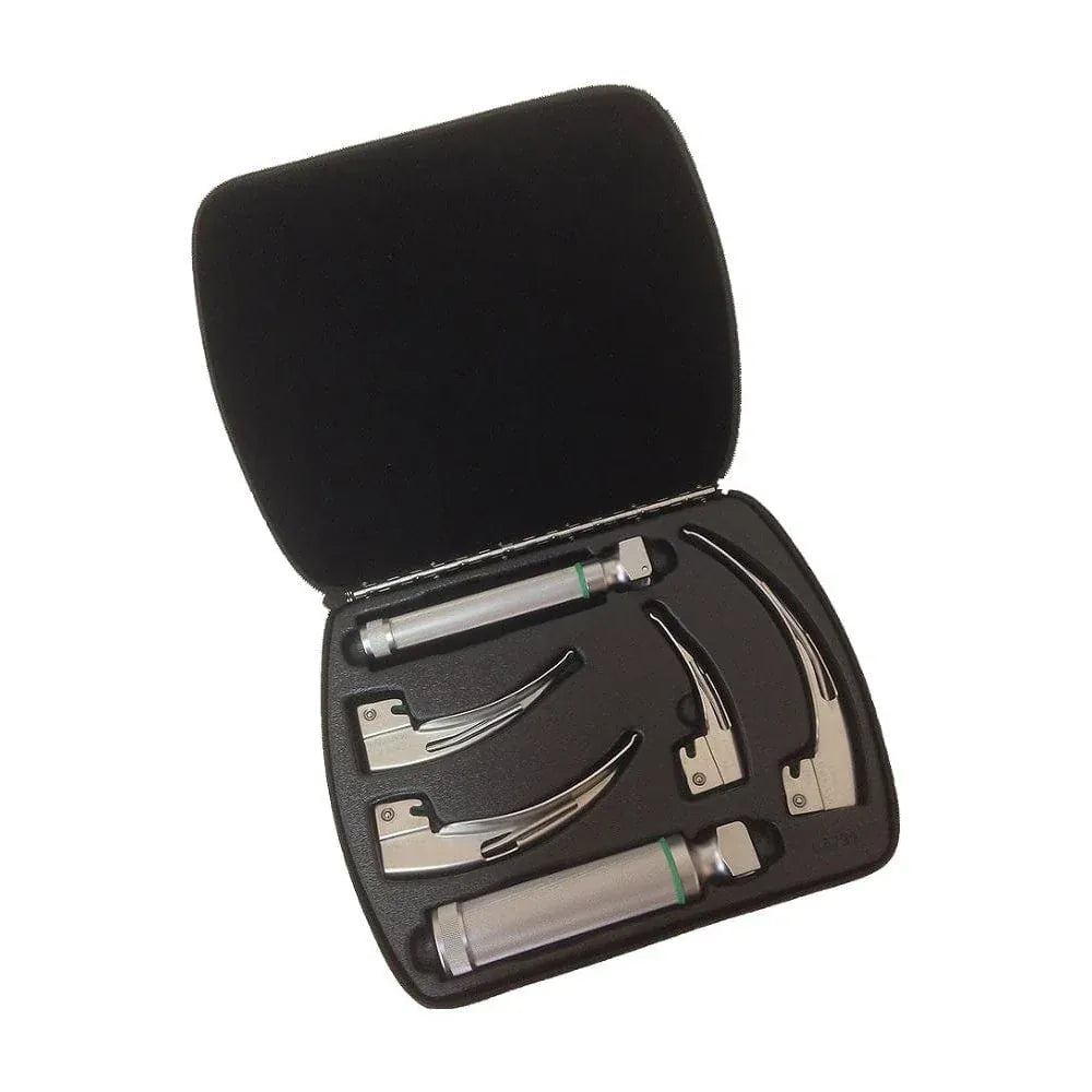 Welch Allyn Laryngoscope Blades Fibre Optic English Macintosh Set / C' Cell Battery Handle No. 60814 'AA' Cell. Battery Handle and Case No. 05791-U. Welch Allyn Laryngoscope Sets with Blades