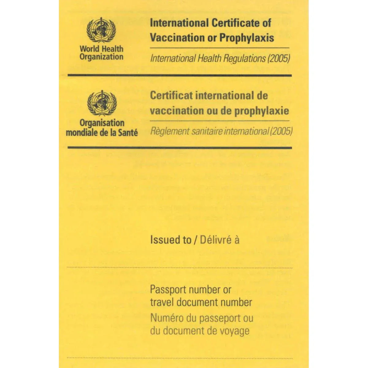 World Health Organisation WHO WHO International Vaccination Certicate A/F 2005 Each