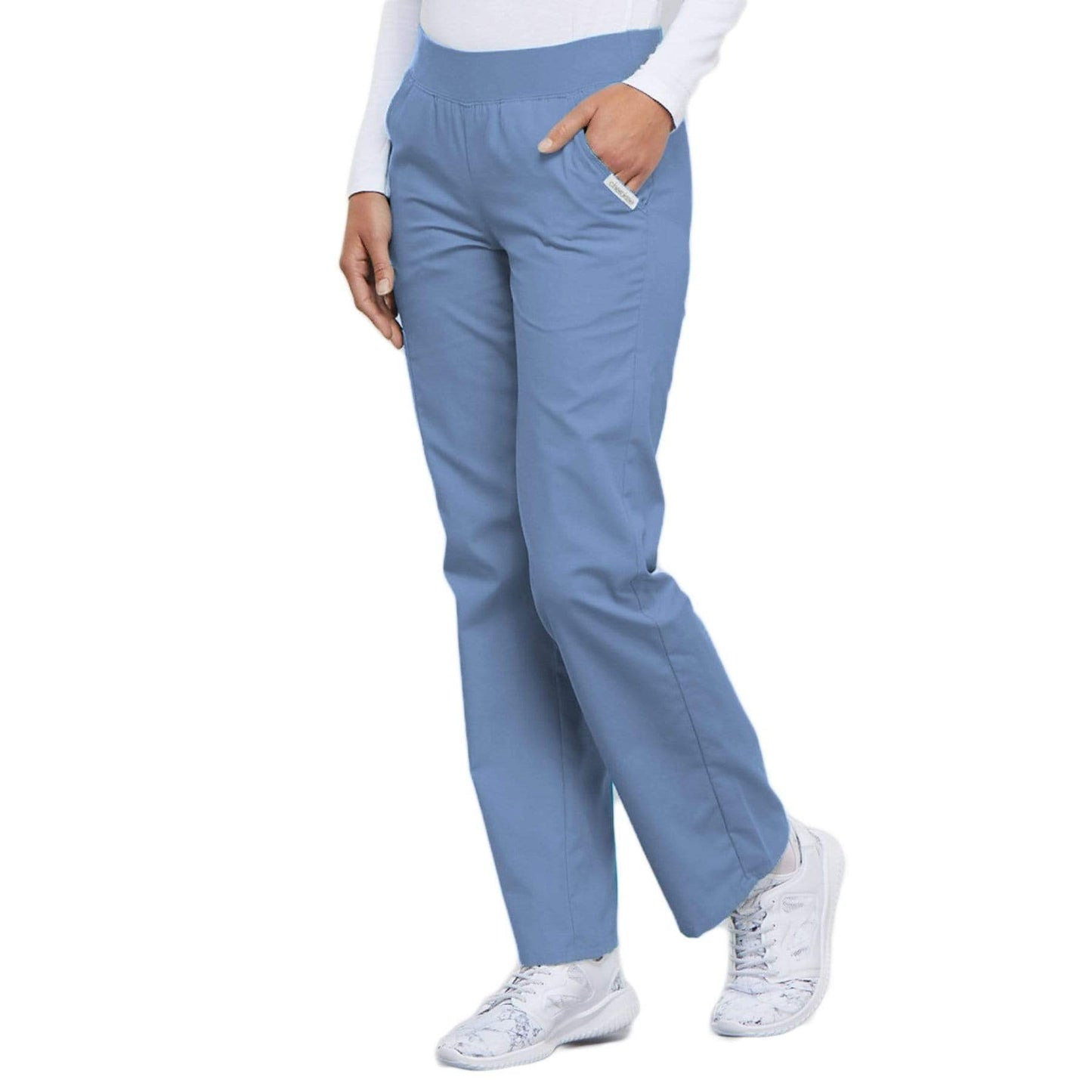 Cherokee Scrubs Pants Cherokee Flexibles 2085 Scrubs Pants Womens Mid Rise Knit Waist Pull-On Ceil Blue