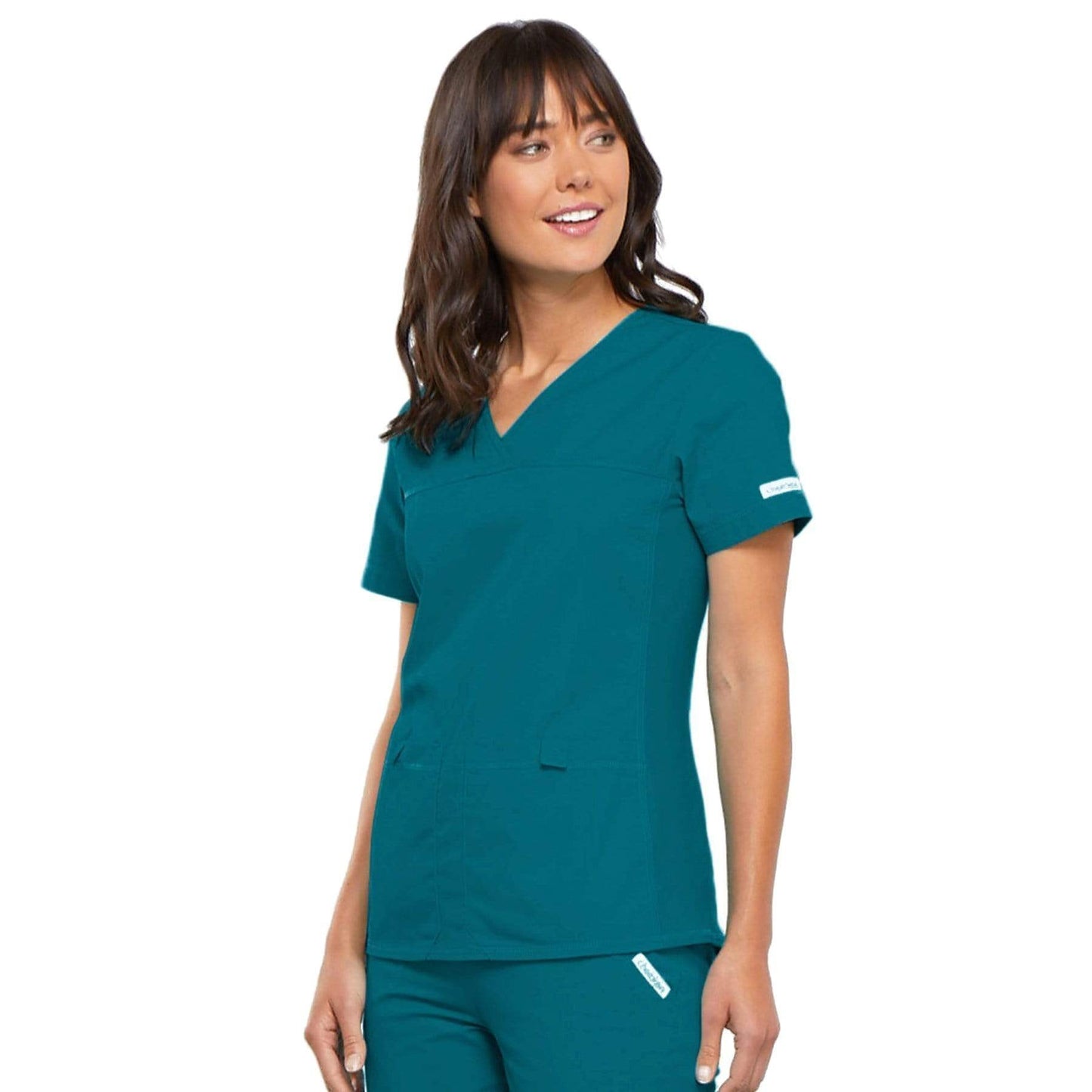 Cherokee Scrubs Top Cherokee Flexibles 2968 Scrubs Top Womens V-Neck Knit Panel Caribbean Blue