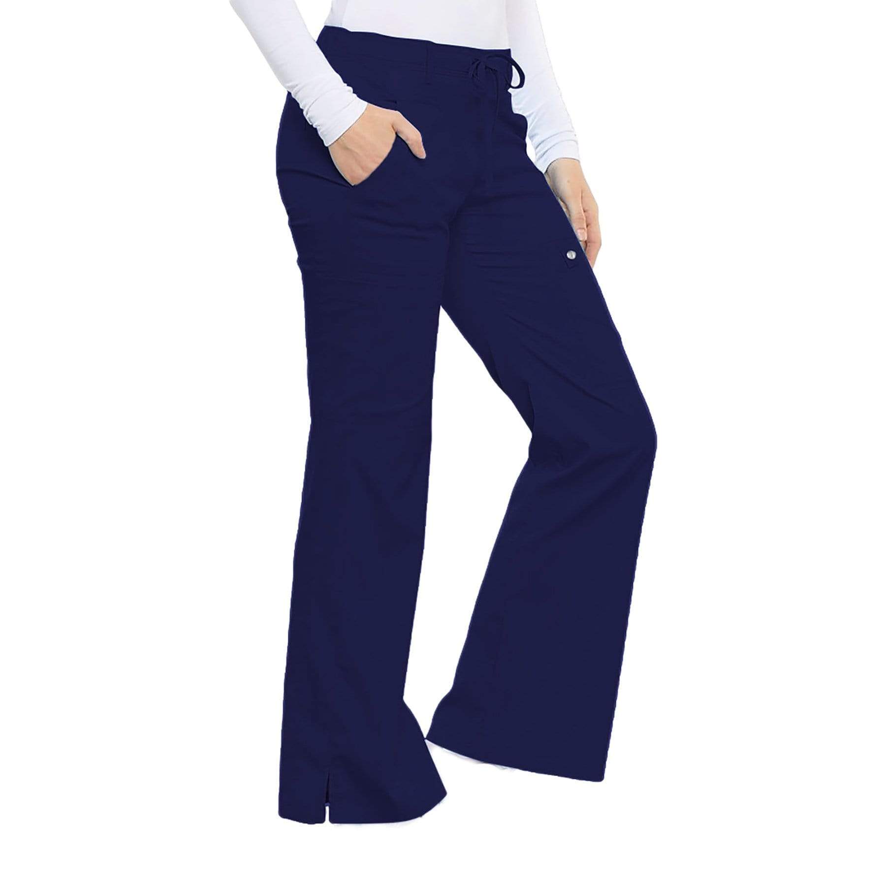 Cherokee Scrubs Pants Cherokee Luxe 21100 Scrubs Pants Womens Low Rise Flare Leg Drawstring Cargo Navy