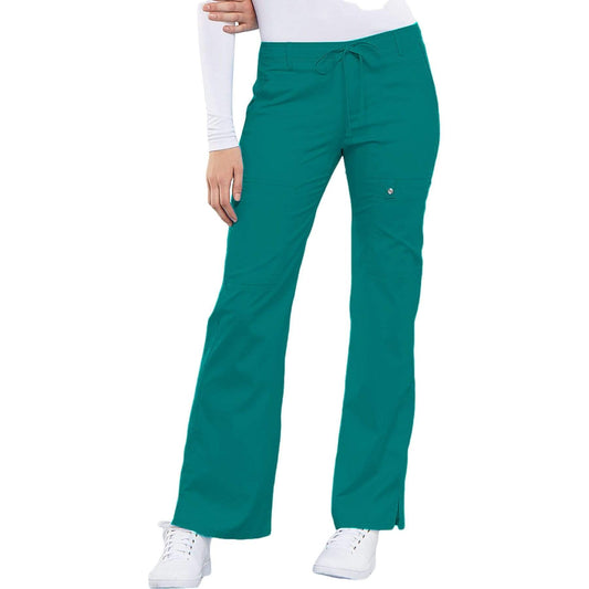 Cherokee Scrubs Pants Cherokee Luxe 21100 Scrubs Pants Womens Low Rise Flare Leg Drawstring Cargo Teal Blue