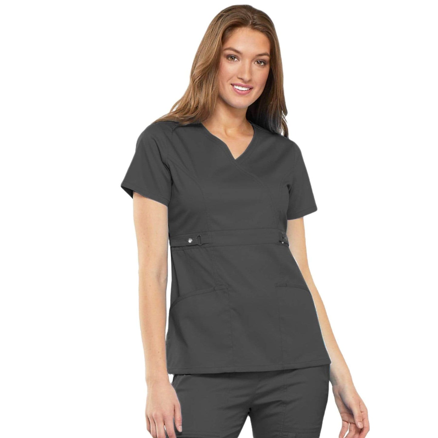 Cherokee Scrubs Top Cherokee Luxe 21701 Scrubs Top Womens Empire Waist Mock Wrap Pewter