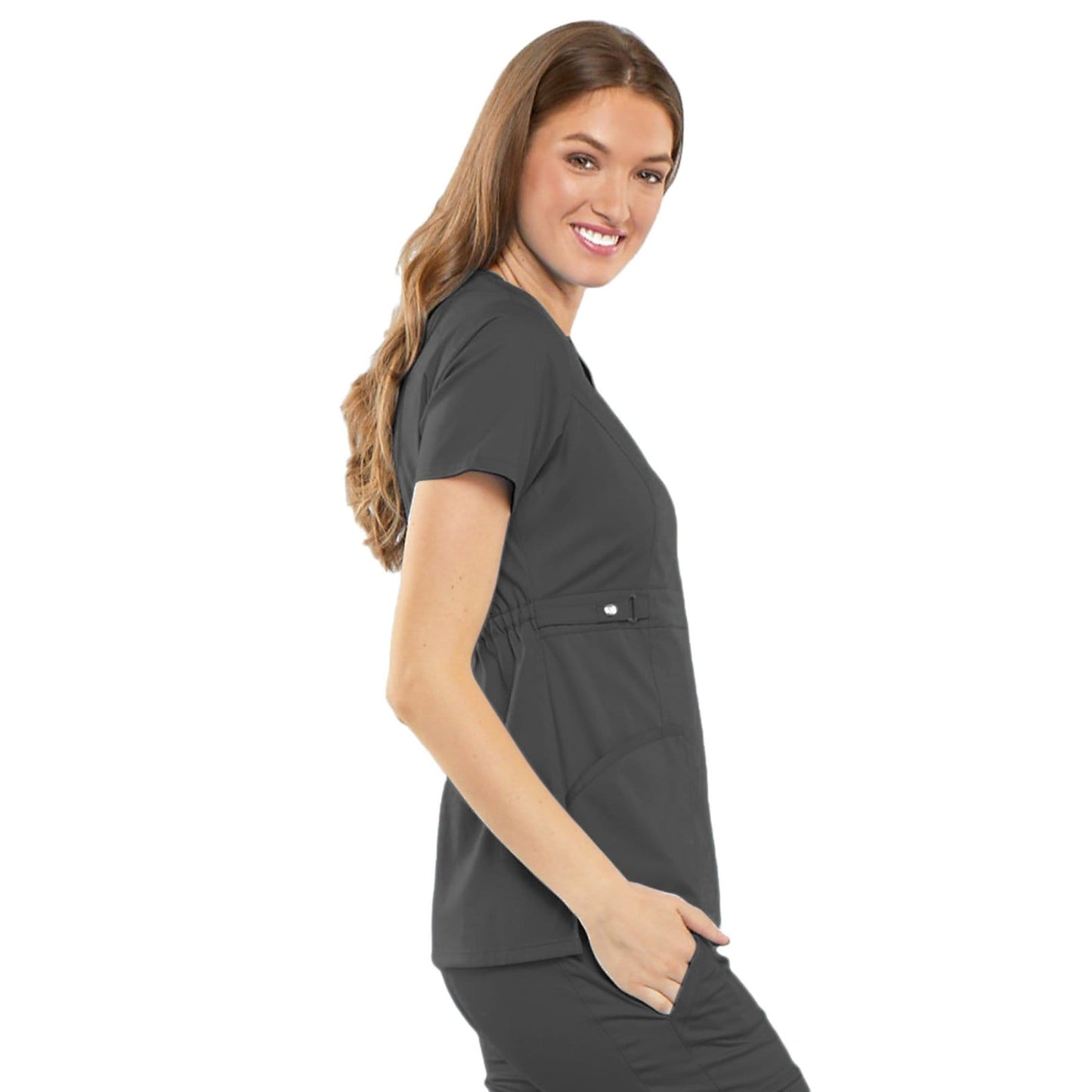 Cherokee Scrubs Top Cherokee Luxe 21701 Scrubs Top Womens Empire Waist Mock Wrap Pewter
