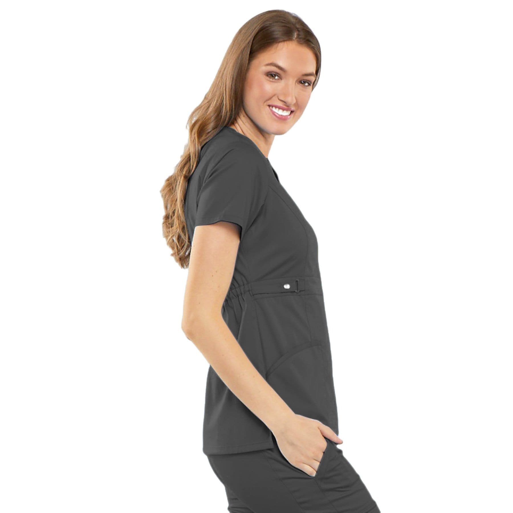Cherokee Scrubs Top Cherokee Luxe 21701 Scrubs Top Womens Empire Waist Mock Wrap Pewter