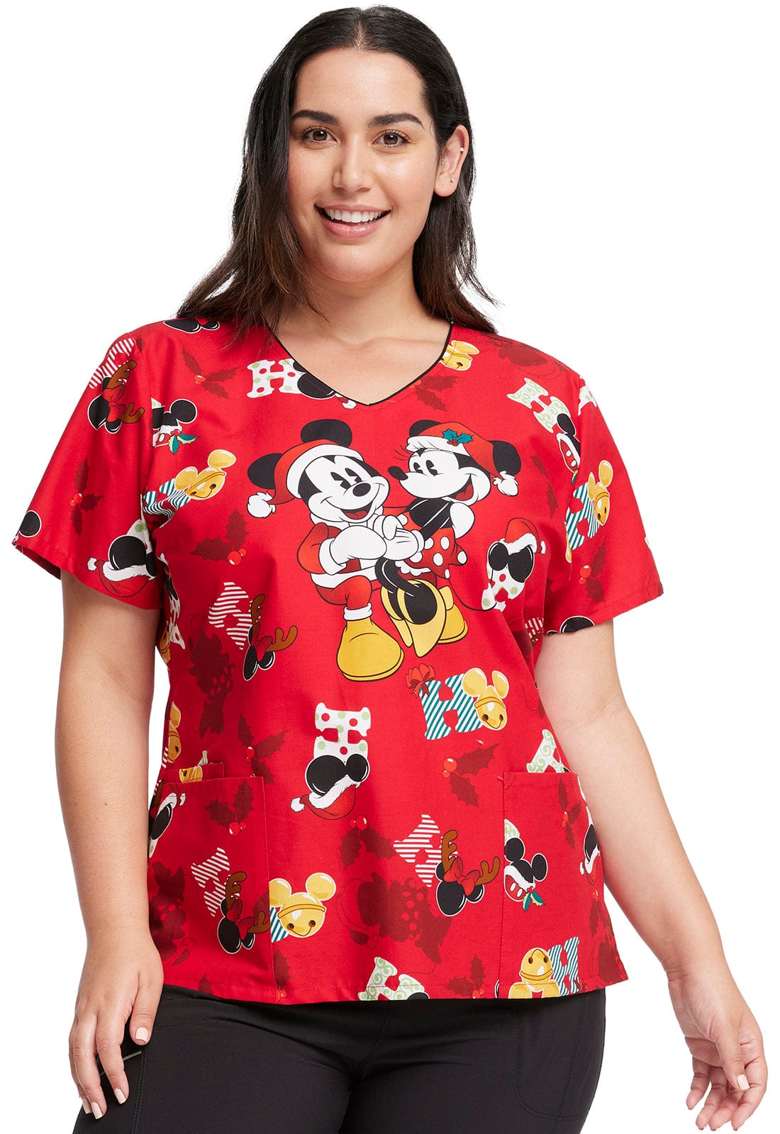 Cherokee Scrubs Top 2XL Cherokee V-Neck Print Top in Mickey Holiday Cheer