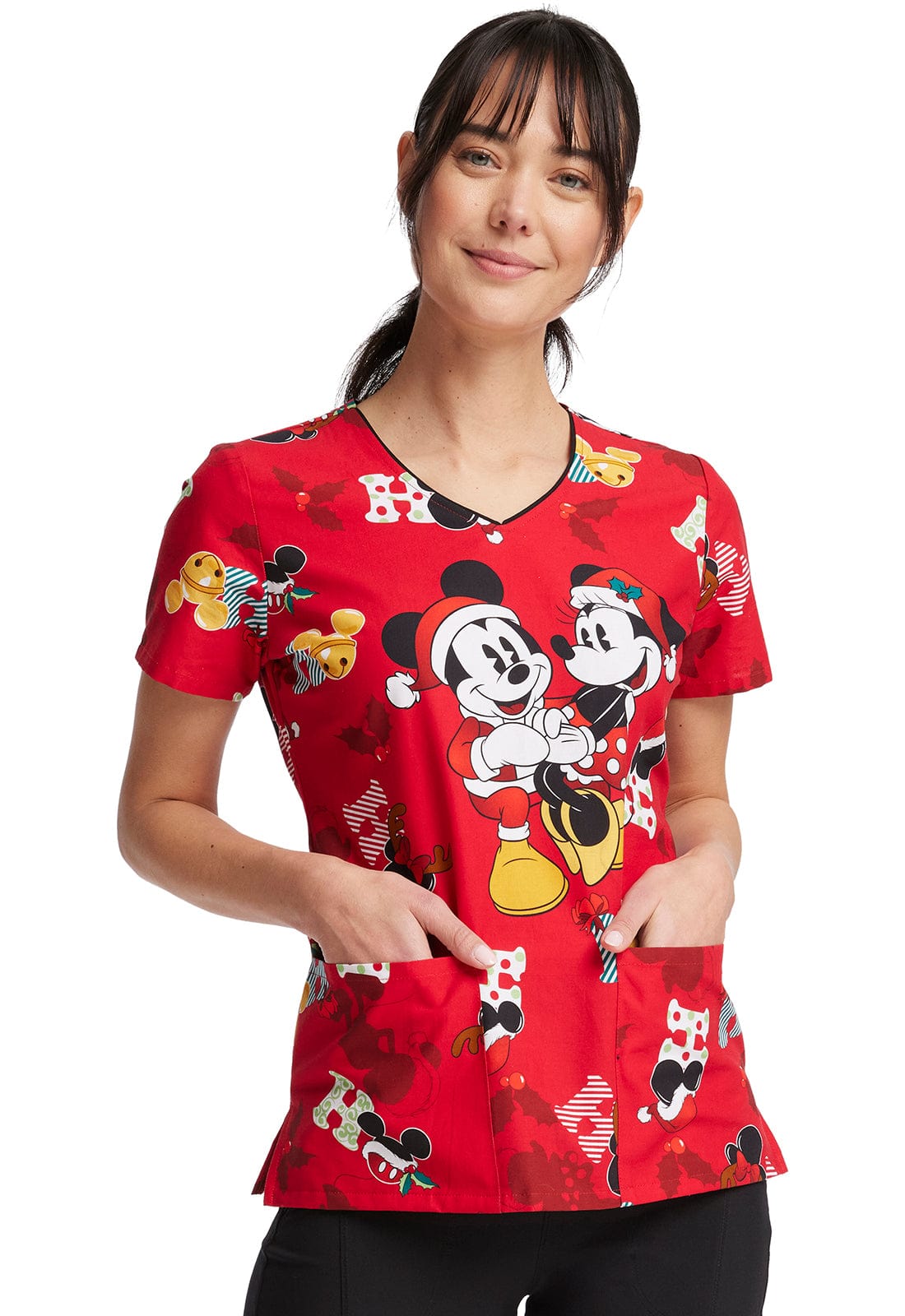 Cherokee Scrubs Top M Cherokee V-Neck Print Top in Mickey Holiday Cheer