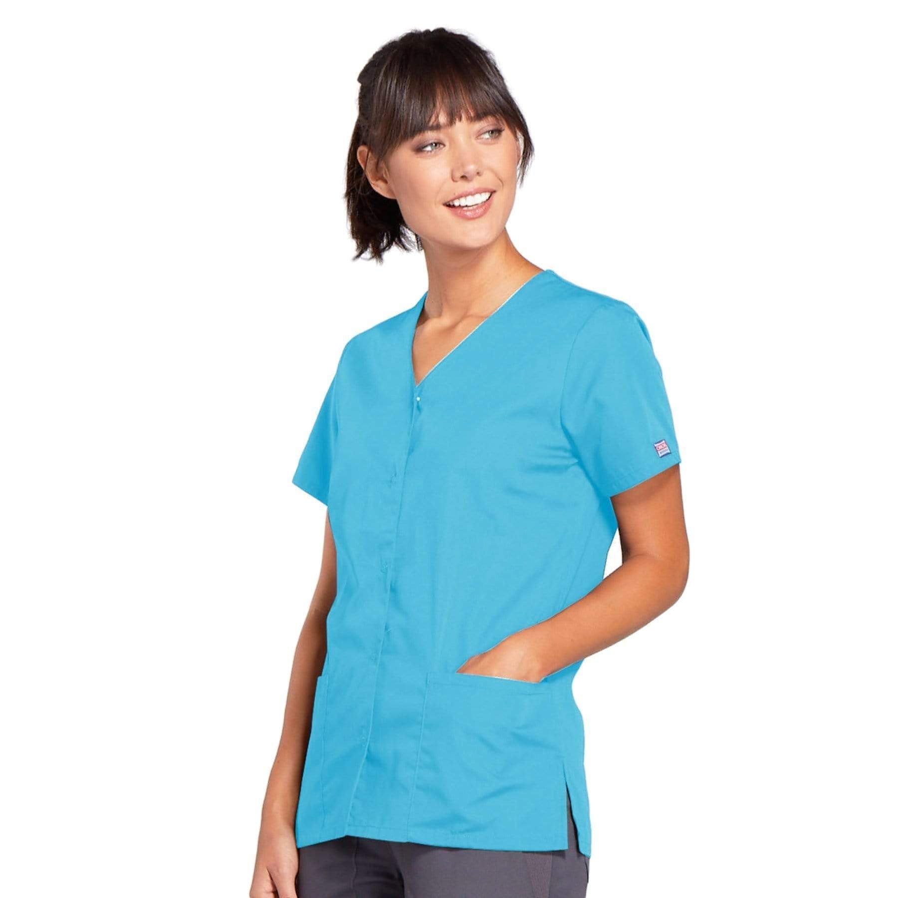 Cherokee Scrubs Top Cherokee Workwear 4770 Scrubs Top Womens Snap Front V-Neck Turquoise