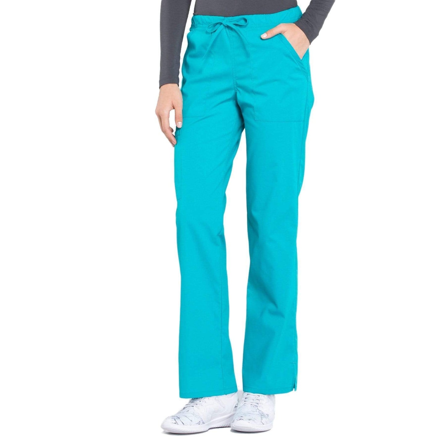 Cherokee Scrubs Pants Cherokee Workwear Professionals WW160 Scrubs Pants Womens Mid Rise Straight Leg Drawstring Teal Blue