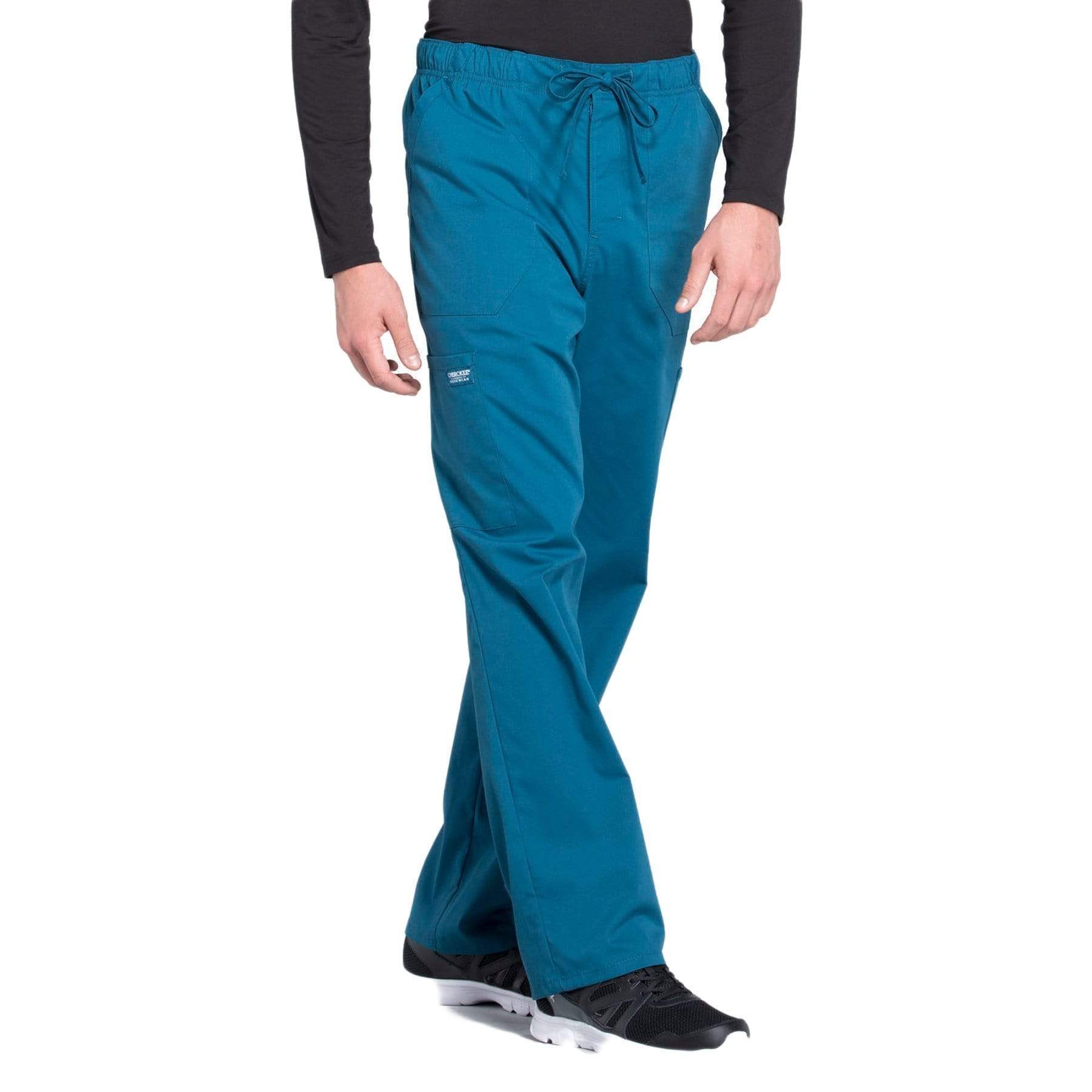 Cherokee Scrubs Pants Cherokee Workwear Professionals WW190 Scrubs Pants Mens Tapered Leg Drawstring Cargo Caribbean Blue