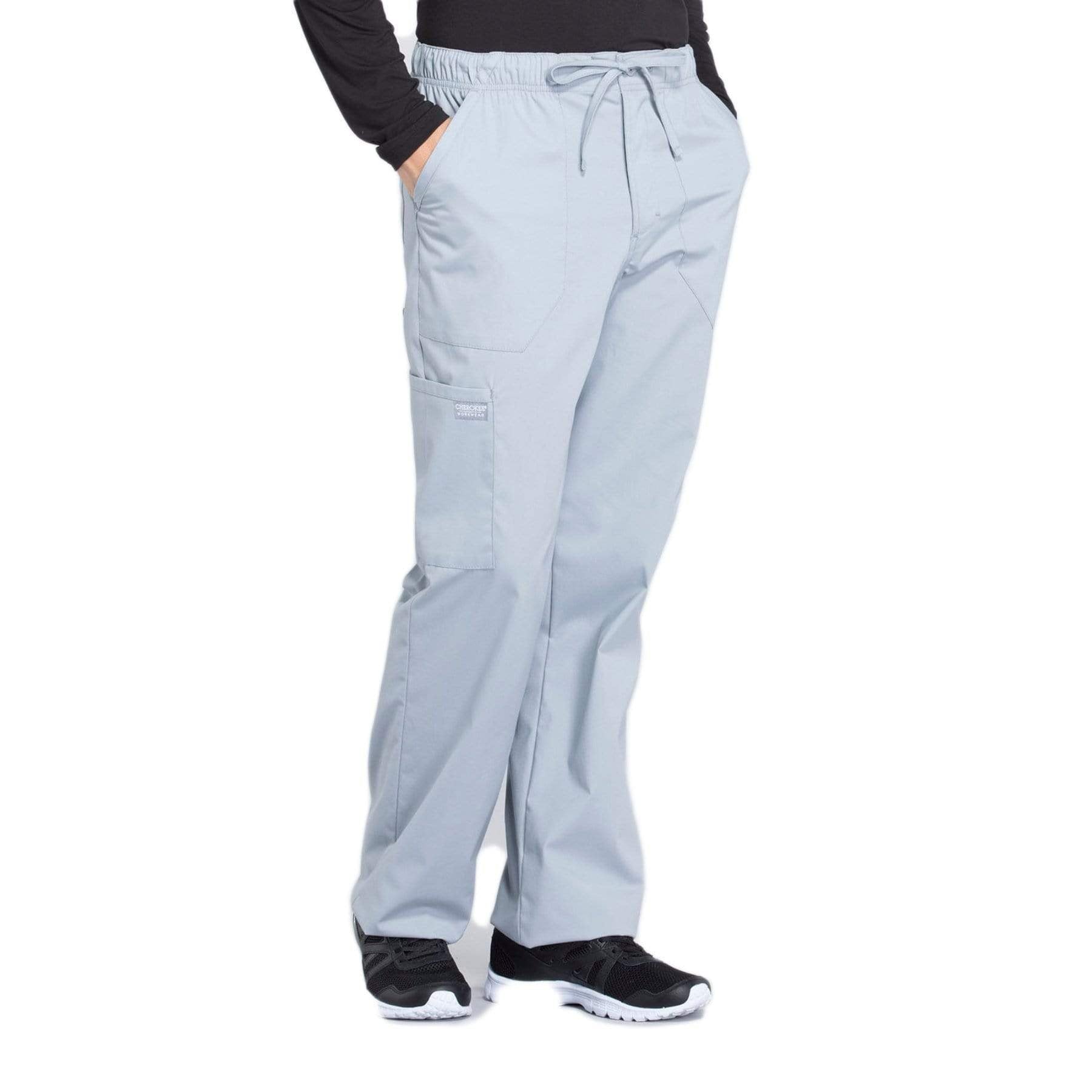 Cherokee Scrubs Pants Cherokee Workwear Professionals WW190 Scrubs Pants Mens Tapered Leg Drawstring Cargo Grey