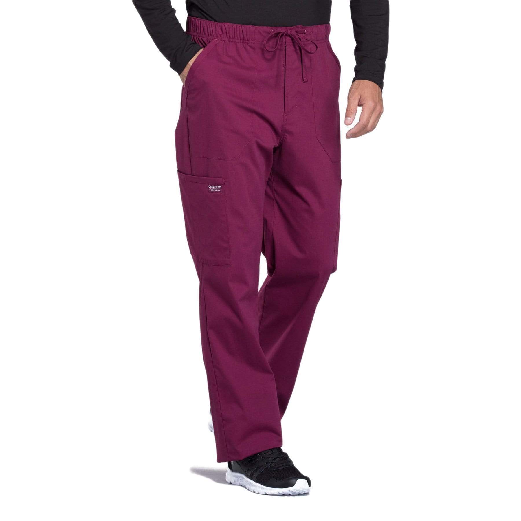 Cherokee Scrubs Pants Cherokee Workwear Professionals WW190 Scrubs Pants Mens Tapered Leg Drawstring Cargo Wine