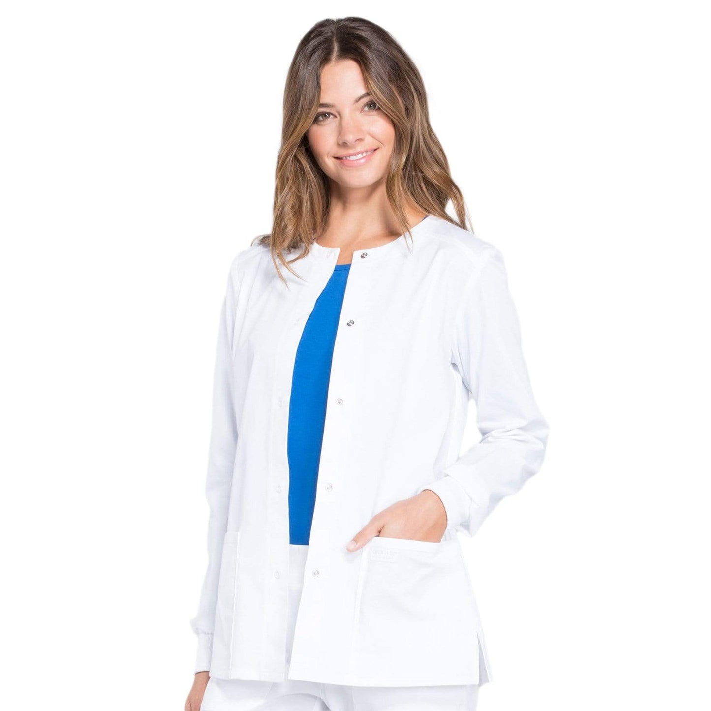 Cherokee Scrubs Jacket Cherokee Workwear Professionals WW340 Scrubs Jacket Womens Snap Front Warm-up White