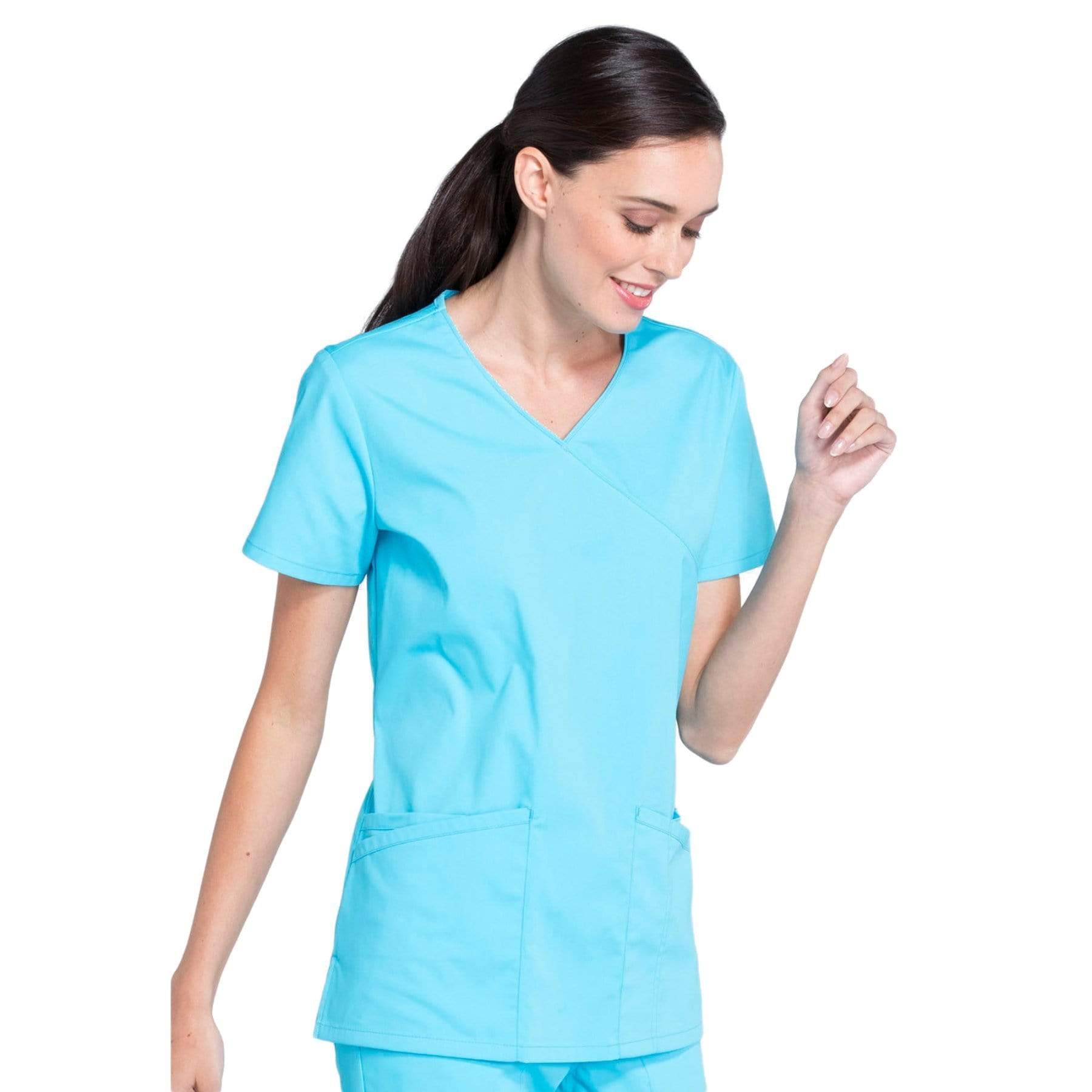 Cherokee Scrubs Top Cherokee Workwear Professionals WW655 Scrubs Top Womens Mock Wrap Turquoise