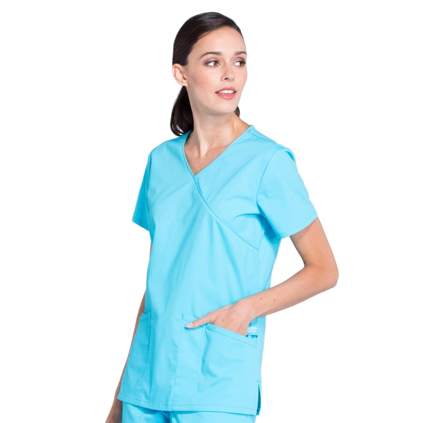 Cherokee Scrubs Top Cherokee Workwear Professionals WW655 Scrubs Top Womens Mock Wrap Turquoise