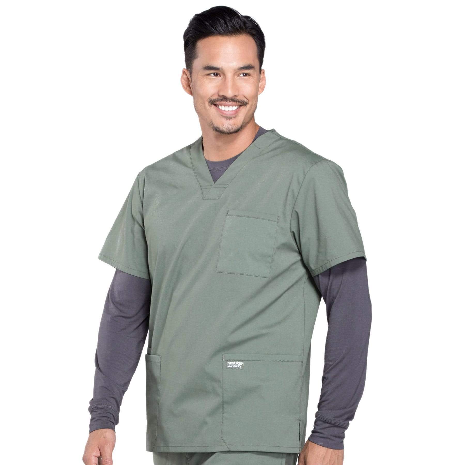 Cherokee Scrubs Top Cherokee Workwear Professionals WW695 Scrubs Top Mens V-Neck Olive