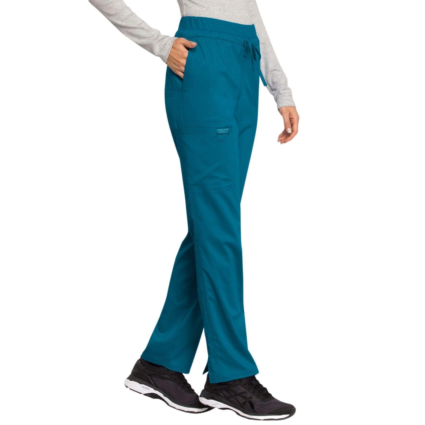 Cherokee Scrubs Pants Cherokee Workwear Revolution WW105 Scrubs Pants Womens Mid Rise Tapered Leg Drawstring Caribbean Blue