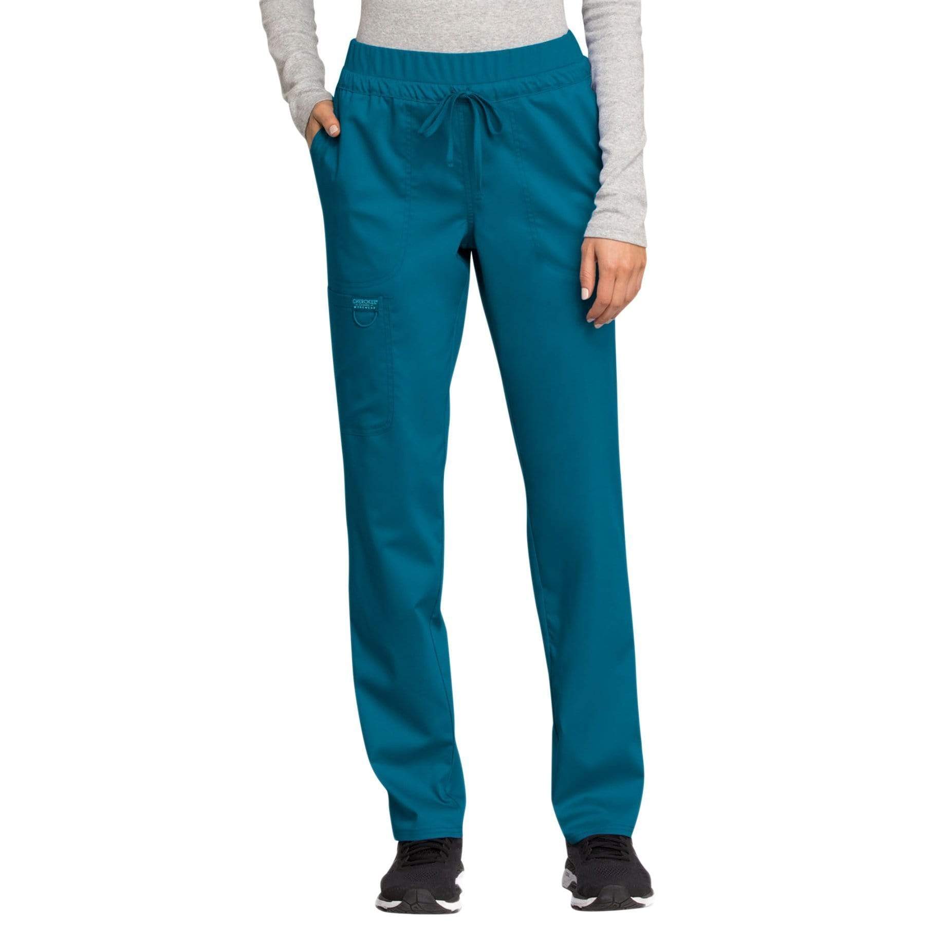 Cherokee Scrubs Pants 2XL / Regular Length Cherokee Workwear Revolution WW105 Scrubs Pants Womens Mid Rise Tapered Leg Drawstring Caribbean Blue