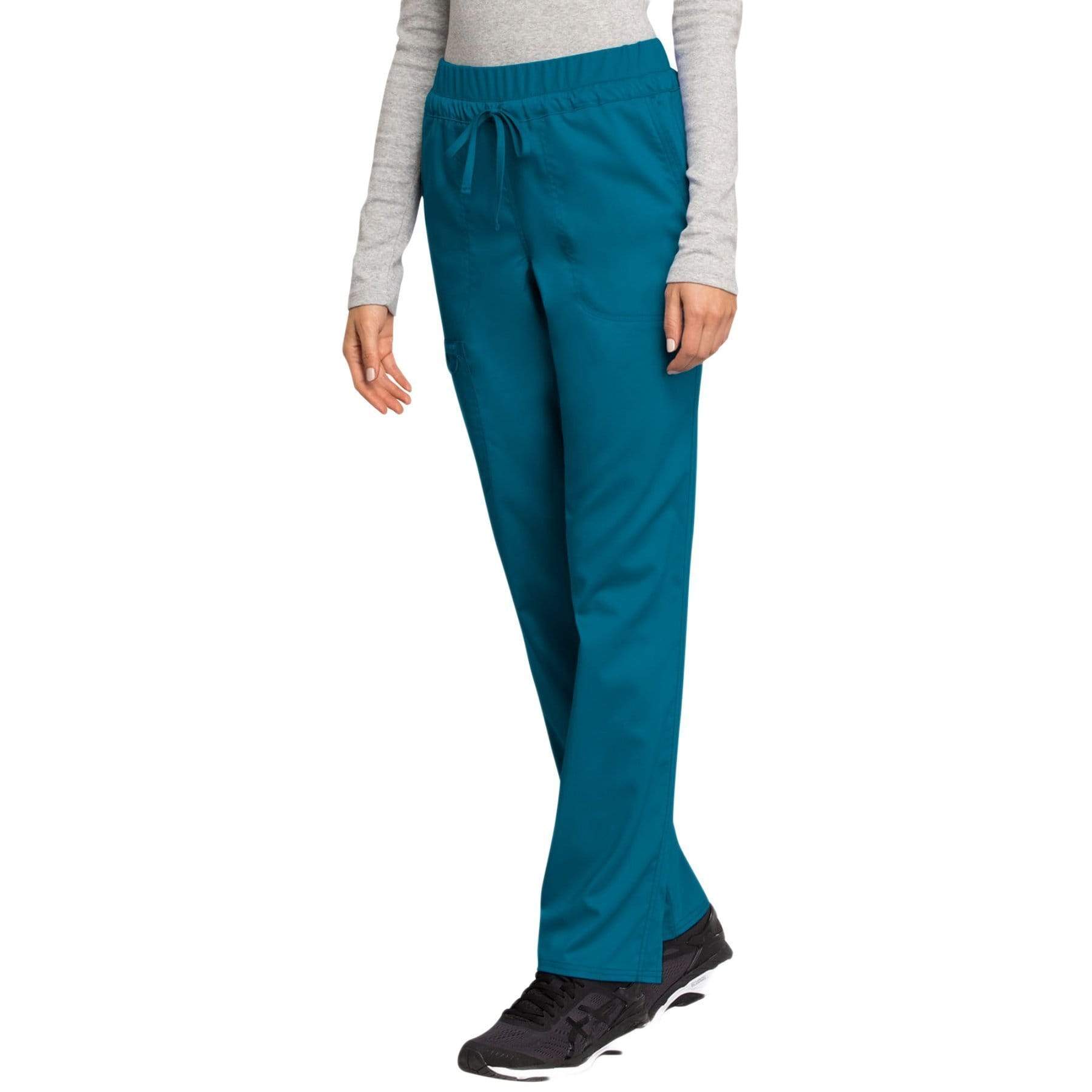 Cherokee Scrubs Pants Cherokee Workwear Revolution WW105 Scrubs Pants Womens Mid Rise Tapered Leg Drawstring Caribbean Blue