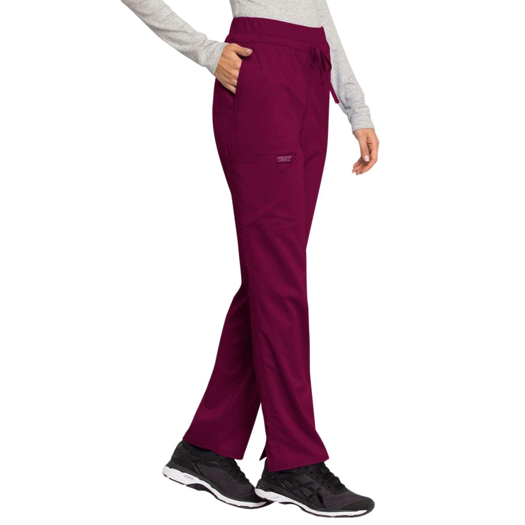 Cherokee Scrubs Pants Cherokee Workwear Revolution WW105 Scrubs Pants Womens Mid Rise Tapered Leg Drawstring Wine