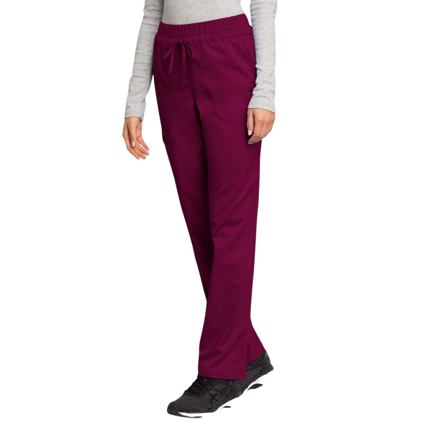Cherokee Scrubs Pants Cherokee Workwear Revolution WW105 Scrubs Pants Womens Mid Rise Tapered Leg Drawstring Wine
