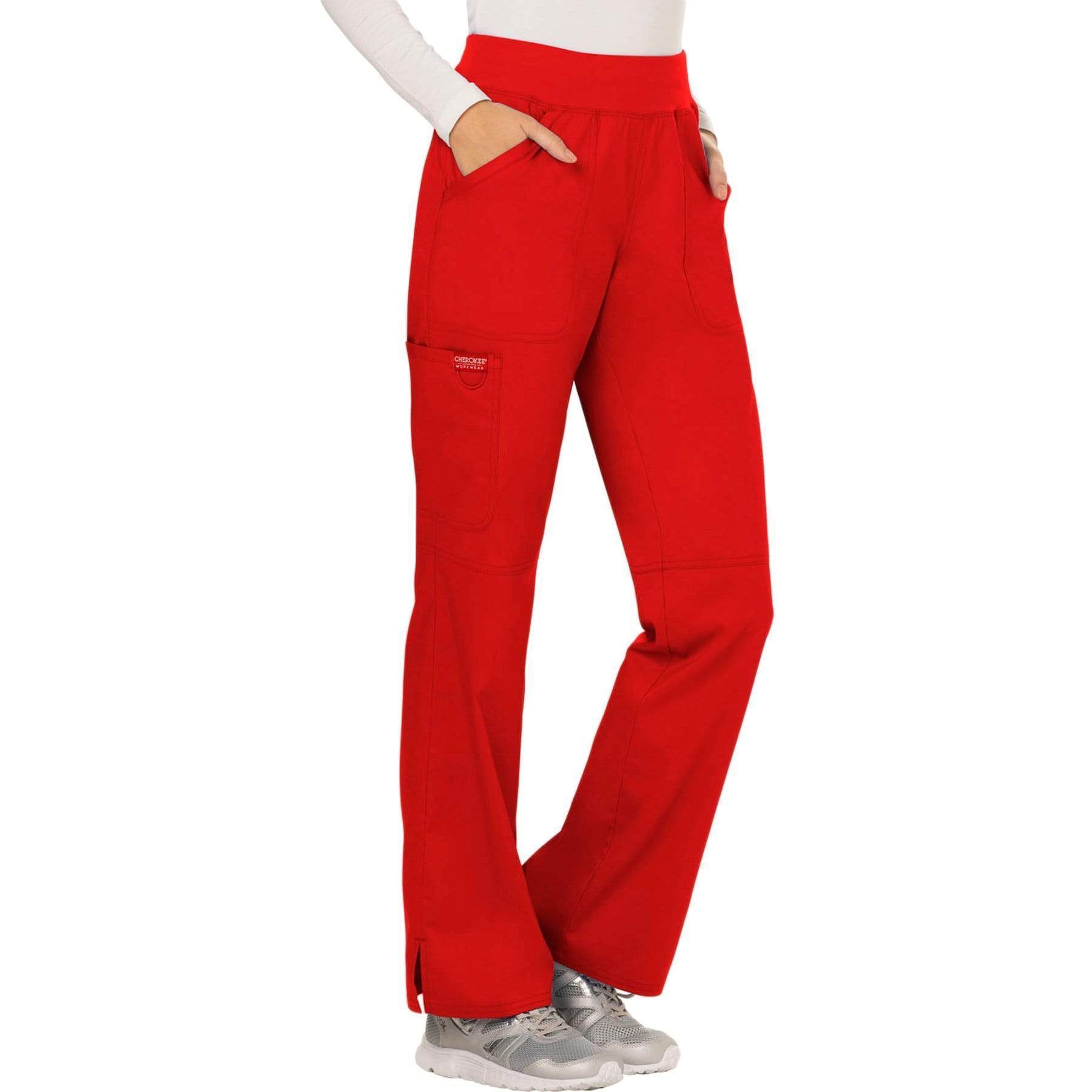 Cherokee Scrubs Pants Cherokee Workwear Revolution WW110 Scrubs Pants Womens Mid Rise Straight Leg Pull-on Red